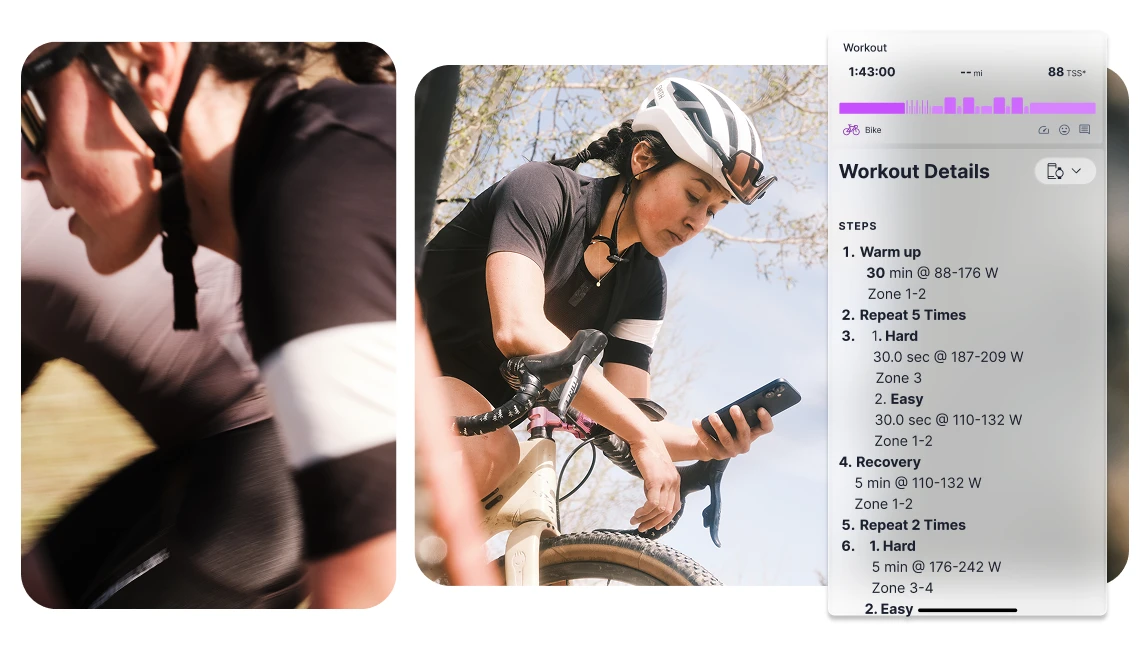 TrainingPeaks illustration of a cyclist checking a phone beside a workout-details screen