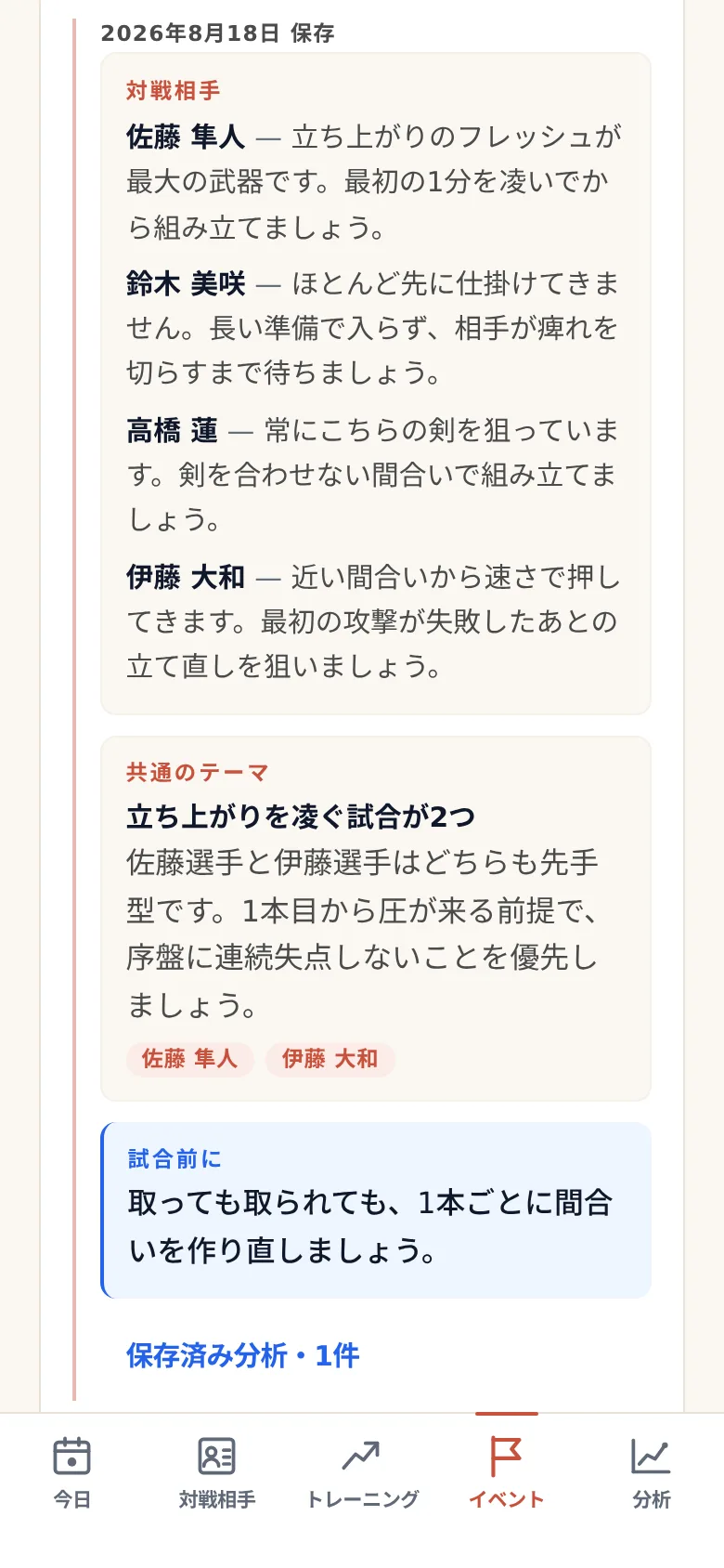 保存された大会前のブリーフィング。当たりそうな相手ごとに戦術的な一行が並び、複数の相手に共通するテーマと、試合前に自分へ向けた注意がひとつ添えられている