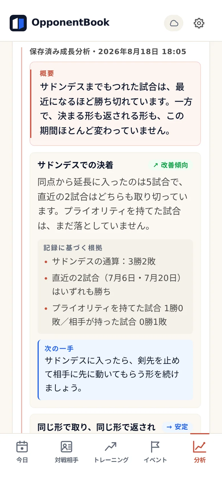 保存された推移の分析。要約と複数のパターンのカードが並び、それぞれに改善といった方向を示すバッジと、選手自身のノートから引かれた日付つきの根拠がついている