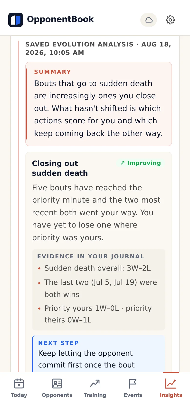 A saved evolution analysis with a summary and pattern cards, each badged with a direction such as improving and backed by dated evidence from the athlete's own journal