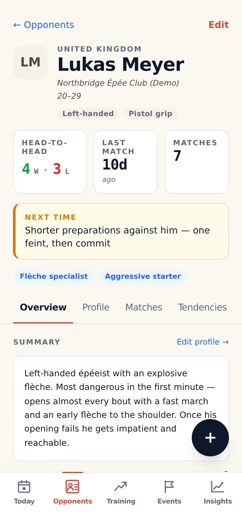 An opponent's page in OpponentBook: club and age range, hand-dominance and grip tags, head-to-head record, a Next time reminder, and a written summary of how the opponent fights
