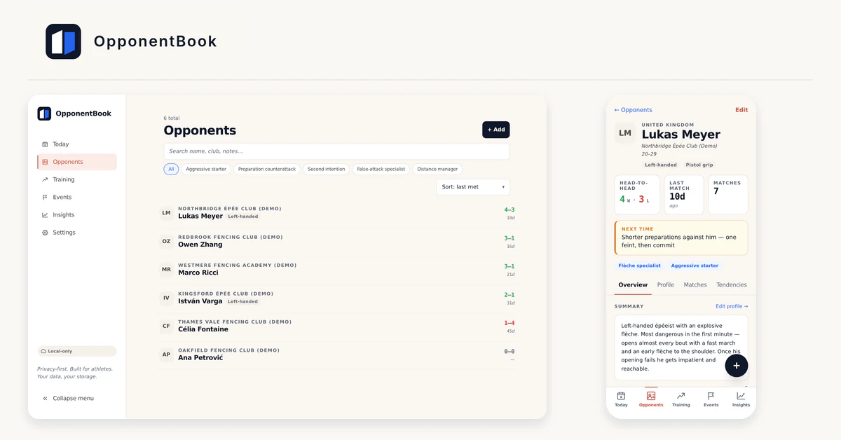 OpponentBook desktop opponent list beside a mobile fencing opponent profile