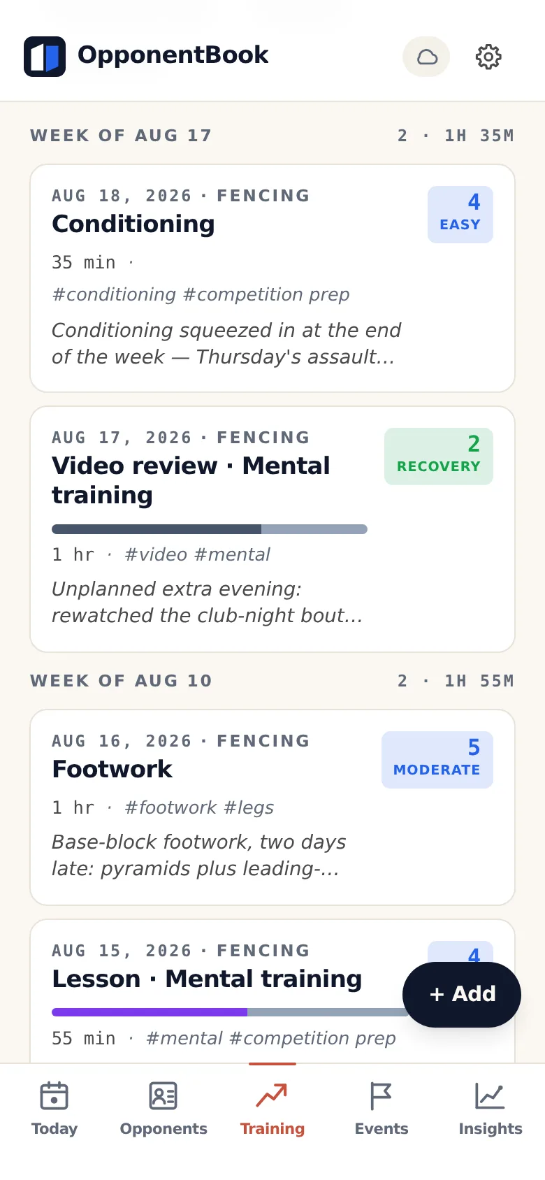 OpponentBook training journal with weekly fencing sessions, duration, effort ratings, tags and notes
