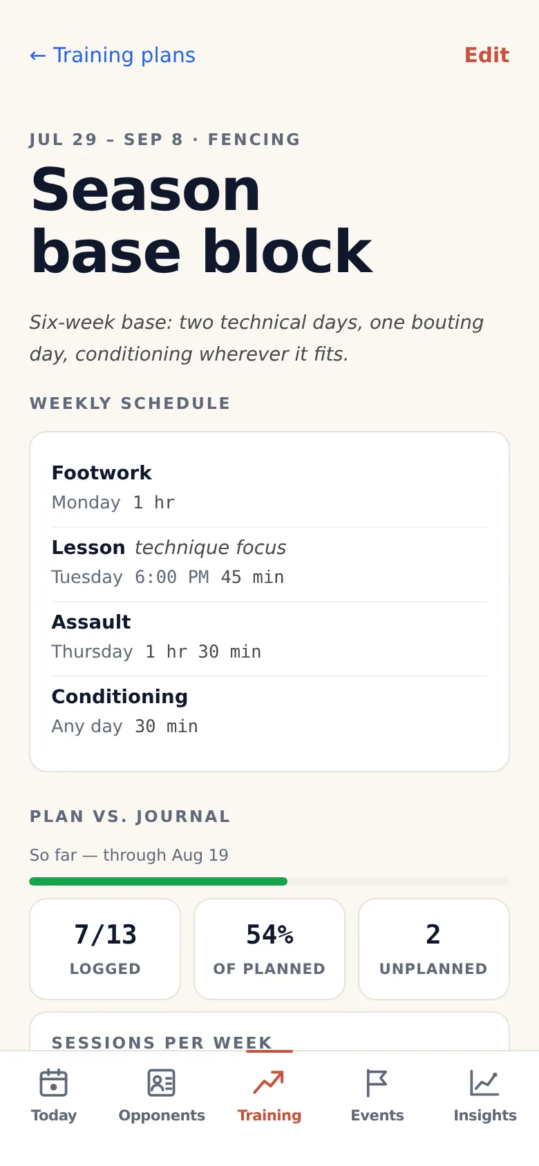 OpponentBook training plan with a weekly schedule and a comparison of planned and logged sessions